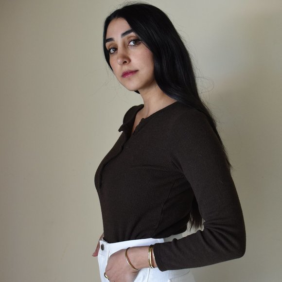 Brown Long Sleeve Henley Top - Picture 2 of 6